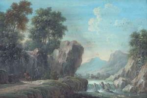 A mountainous, wooded river landscape with a figure on horseback on a path; and A wooded landscape with travellers on a track by Louis Nicolael van Blarenberghe