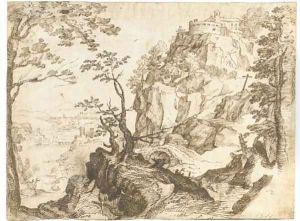 A mountain landscape with a fortified chapel by Paul Bril