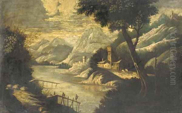 A mountainous river landscape with figures on a pier and fortified towns beyond - view 1