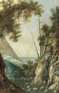 A rocky landscape with a traveller by a waterfall