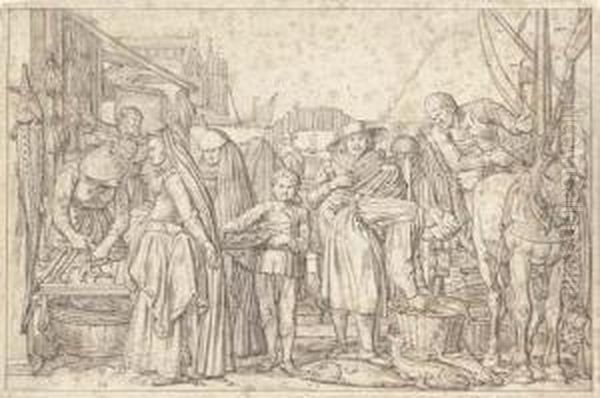 A Fish Market In A Dutch Town, With A Bridge And Houses In Thebackground - view 1