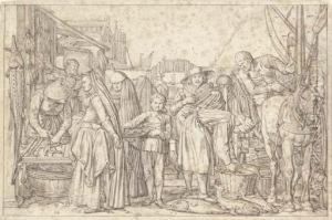 A Fish Market In A Dutch Town, With A Bridge And Houses In Thebackground by Willem Buytewech