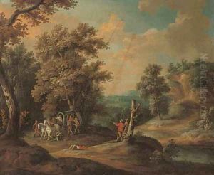 A wooded river landscape with brigands ambushing a carriage