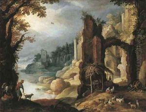 A classical river landscape with herdsmen and goats resting amongst ruins by Paul Bril