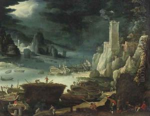 A harbour scene with soldiers sitting around a fire, figures at work on their boats nearby by Paul Bril