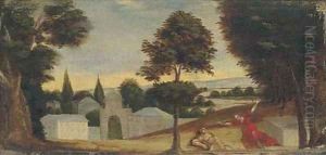 A wooded landscape with Pyramus and Thisbe by Paul Bril