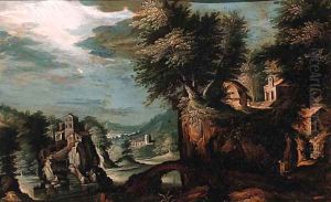 Cottages on a cliff overlooking a valley with a castle on a rock beyond by Paul Bril