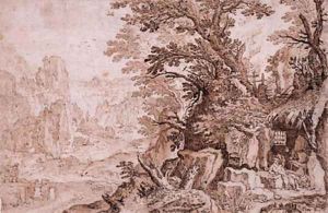 A rocky River Landscape with Saint Jerome in his Cave, a town by the sea beyond by Paul Bril