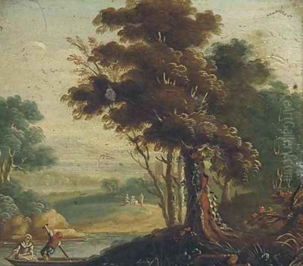 A river landscape with figures in a boat - view 1