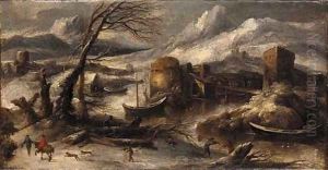 A winter landscape with fishermen by a river by Willem Von Bemmel