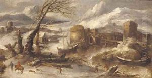 An Italianate winter landscape with fishermen by a river by Willem Von Bemmel