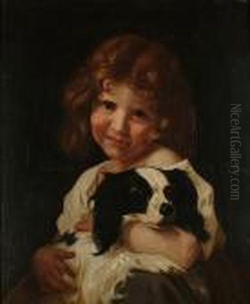 Portrait, Half Length, Of A Young Girl Holding A Cavalier King Charles Spaniel - view 1