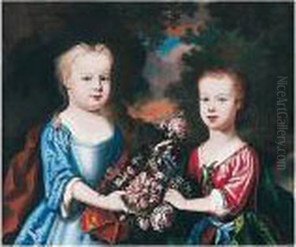Portrait Of Two Children With Flowers In A Landscape - view 1