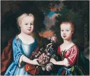 Portrait Of Two Children With Flowers In A Landscape by Robert Byng or Bing