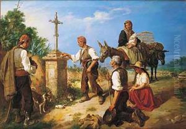 Campesinos Rezando En El Camino - view 1