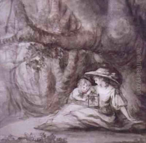 Seated Woman and Child with a caged bird - view 1