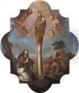 Apostol Santiago Adorando A La 
Virgen Con El Nino En La Columna, Sobre Un Fondo De Paisaje Con Una 
Ciudad Y Un Grupo De Peregrinos by Miguel Cabrera