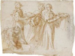 Studies Of Four Women Carrying Vessels At The Scene Of A Birth by Guglielmo Caccia