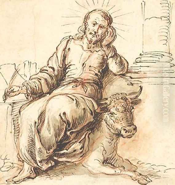 Saint Luke writing, seated on a bull - view 1