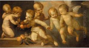 Putti Playing With A Basket Of Peaches by Guglielmo Caccia