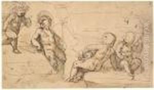 Four Putti Holding Attributes In A Landscape by Guglielmo Caccia