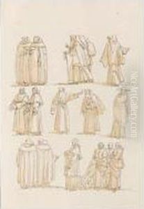 Groups Of Clerical Figures, Including Monks And A Cardinal In Procession
