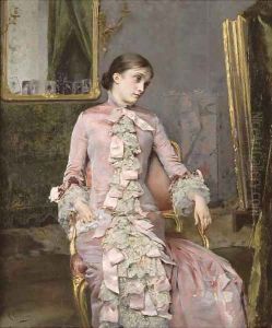 Seated woman in pink by Rogelio De Egusquiza Barrena
