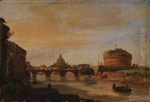 Veduta Di Roma Dal Tevere Sullo Sfondo Di San Pietro E Castel Sant'angelo by Ippolito Caffi
