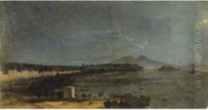 Vue De Naples La Nuit [ ; View 
Of Naples By Night ; Oil On Paper Signed Lower Right Caffi] by Ippolito Caffi