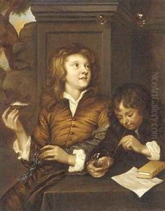 Two boys blowing bubbles from oyster shells by Arnold Boonen