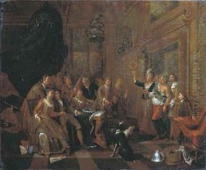 Elegant company feasting in an interior, a man dressed as Bacchus entering the room by Balthasar Van Den Bossche