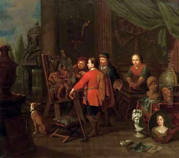 An artist's studio with an elegant man inspecting a painting by Balthasar Van Den Bossche