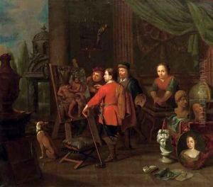 An artist's studio with an elegant man inspecting a painting by Balthasar Van Den Bossche