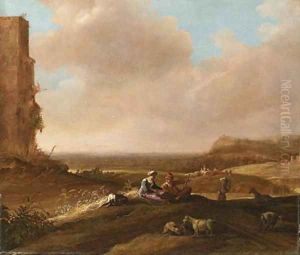 A Shepherd and Shepherdess with a Dog and Sheep in an extensive Landscape