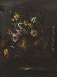 A Still Life Of Roses, Tulips And Other Flowers In A Bronze Vase Ona Stone Ledge by Margherita Caffi