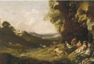 A classical landscape with nymphs and satyrs in a grotto by Bartholomeus Breenbergh