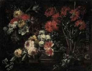 Roses, Chrysanthemums And Other 
Flowers In A Wicker Basket,carnations, Roses, Narcissi And Other Flowers
 On A Stoneledge by Margherita Caffi