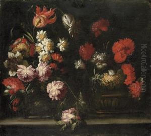 Tulips, Carnations, Roses And Other Flowers In Two Vases On A Stone Ledge - view 1