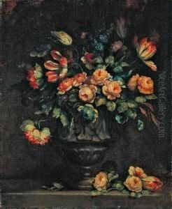 Blumenstillleben Mit Rosen, Nelken, Tulpen, Rittersporn Und Anderen Blumen.