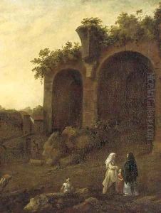Figures conversing before classical ruins by Bartholomeus Breenbergh