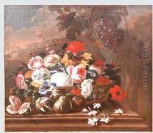 Cesto Con Rose,ortensie, 
Narcisi, Papaveri E Altri Fiori Con Fichi E Uva Su Untavolo In Plein Air by Margherita Caffi