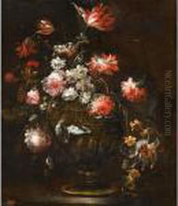 Still Life With Roses, Tulips And Various Other Flowers In A Bronze Vase