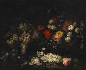A Still Life With Flowers In An Urn And Grapes And Plums Resting On A Ledge by Margherita Caffi