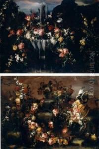 Various Flowers Beside A Fountain (#) Garland And Baskets Of Flowers