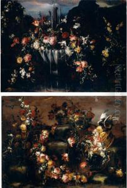 Still Life Of Various Flowers Beside A Fountain - view 1