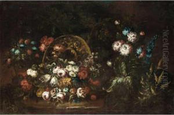 Still Life With Various Flowers Together With A Bronze Urn In A Landscape - view 1