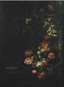 Ghirlande Di Fiori E Due Angurie
 In Un Piatto D'argento Su Unbasamento Di Colonna; E Ghirlanda Di Fiori 
Su Un Basamento Dicolonna