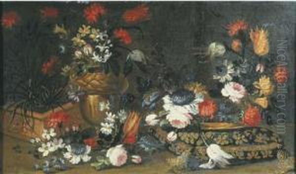 Roses, Tulips And Other Flowers 
In A Terracotta Pot, In A Bronzeornamental Urn And In A Gilt Dish On A 
Cushion - view 1