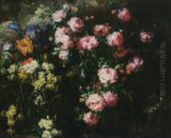 A Still Life With Pink Peonies,
English Irises, Tulips, Daffodils And Other Flowers In A Field - view 1
