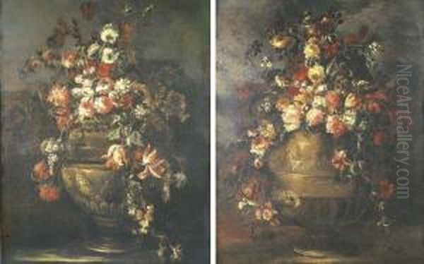 Roses, Tulips, Carnations And Other Flowers In Sculpted Vases - view 1